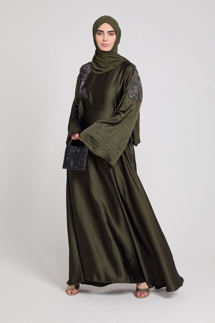 Luxury Khaki Olive Embellished Closed Abaya – LIMITED EDITION