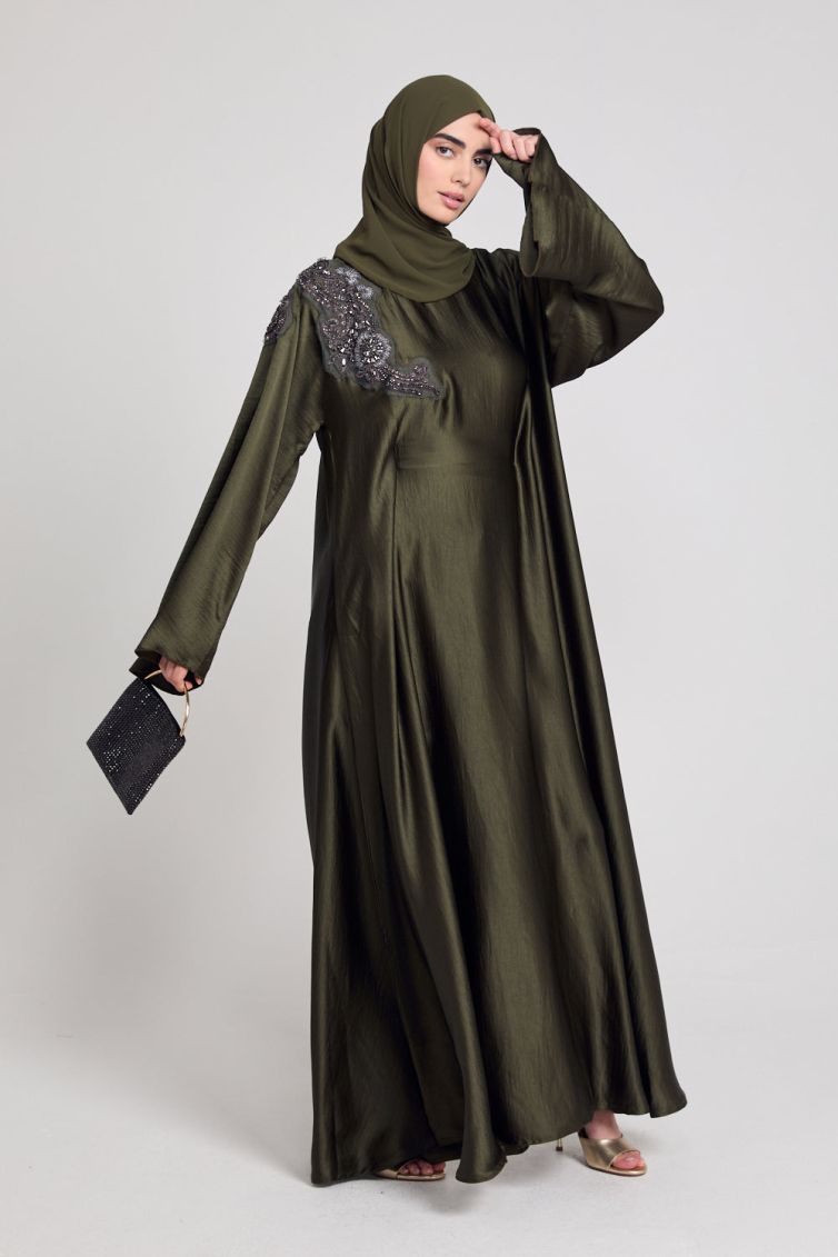 Luxury Khaki Olive Embellished Closed Abaya – LIMITED EDITION